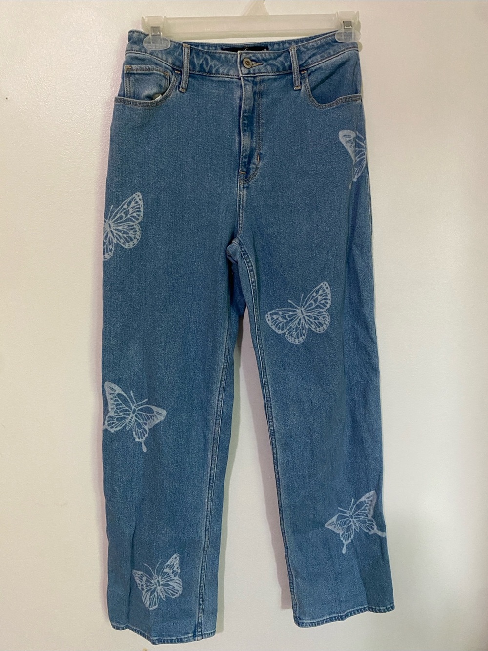 Hollister Blue Straight-Leg Jeans with White Butterfly Print Size 9
